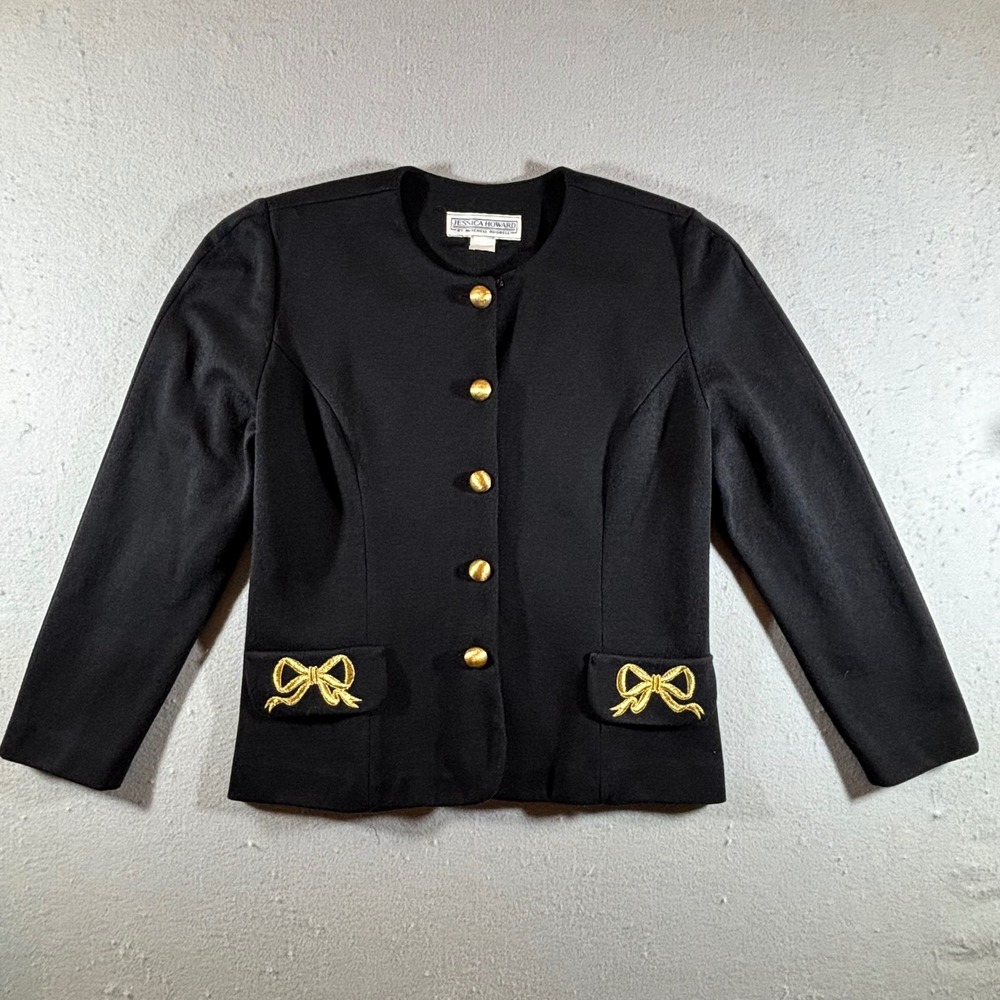 Vintage Jessica Howard Black Knit Blazer Gold Bow Embroidery Buttons Size 16